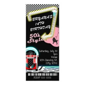 50's 1950's Style Theme Birthday Party Ticket Invitation