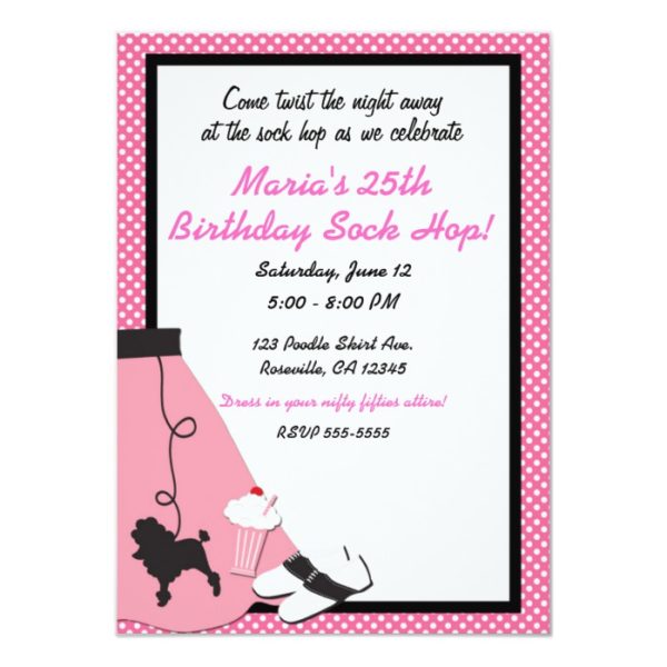 50's fifties Sock Hop Pink Poodle Skirt Party Invitation