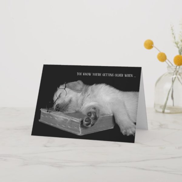 birthday humor-golden retriever puppy on book card