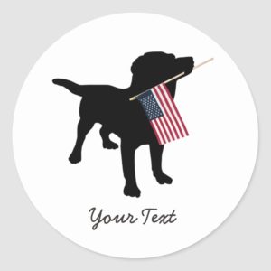 Black Lab Dog with USA American Flag, 4th of July Classic Round Sticker