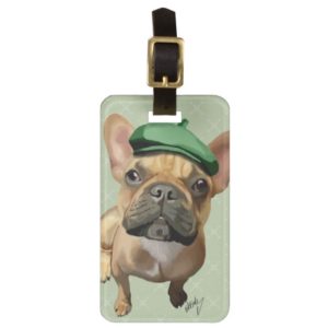 Brown French Bulldog with Green Hat Luggage Tag