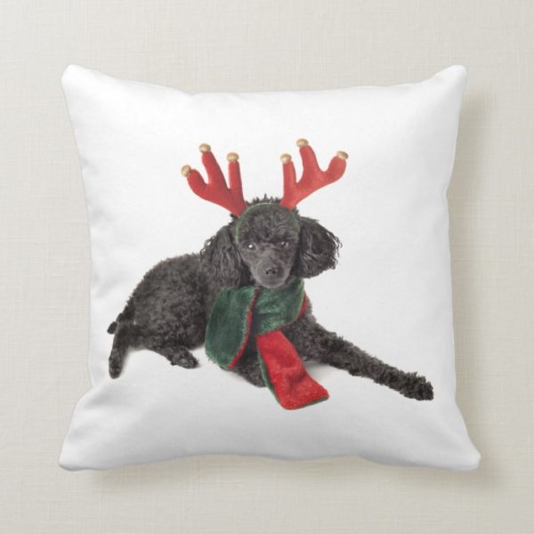 Christmas Black Toy Poodle Dog Dressed as Reindeer Throw Pillow