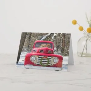 Christmas dogs in old truck holiday card