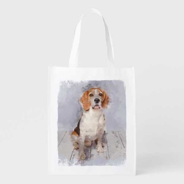 Cute Beagle Watercolor Portrait Reusable Grocery Bag