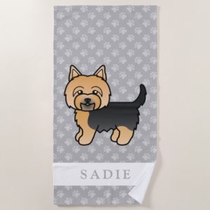 Cute Cartoon Yorkshire Terrier & Custom Name Gray Beach Towel