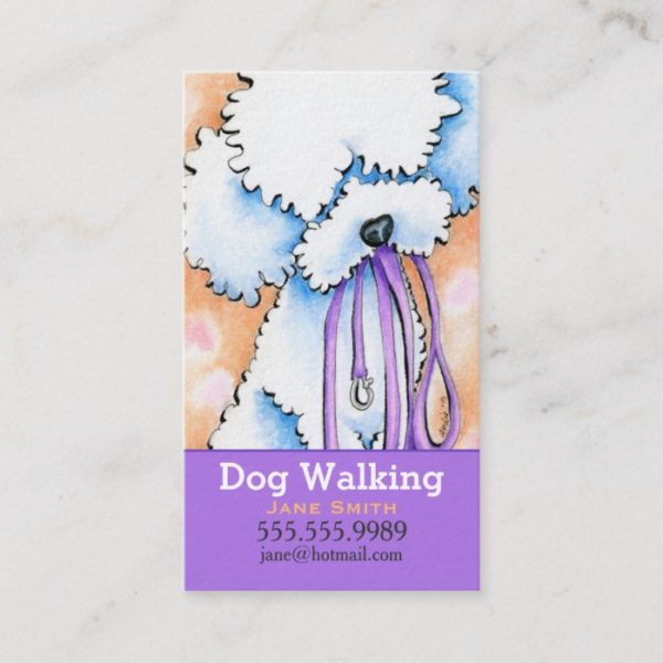 Dog Walker White Poodle Purple Business Card