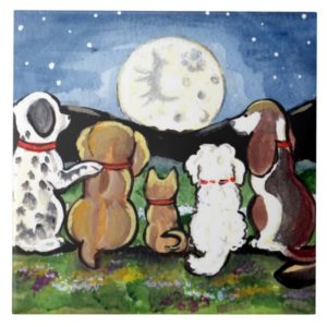 Dogs Watching Moon Dark Blue 6" Tile Trivet