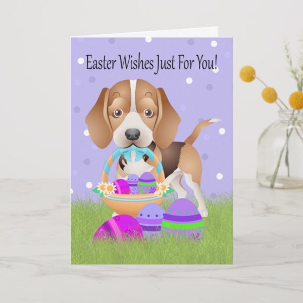 Easter With Little Beagle And Easter Eggs Holiday Card