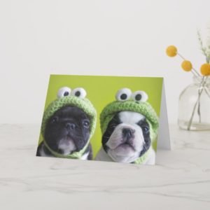 French Bulldog Puppies With Frog Hats Card