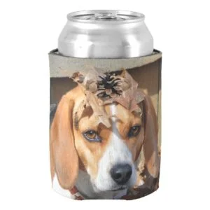 Funny Beagle With Leaves Acorns on Head Can Cooler