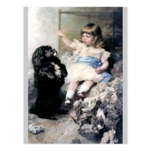 Girl with Poodle Dog Pet painting Postcard