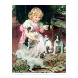 Girl with Puppies Antique painting Postcard