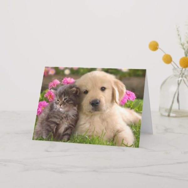 Golden Retriever Puppy Dog & Kitten Love Card