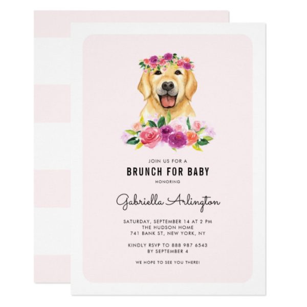 Golden Retriver Pink Floral Baby Shower Brunch Invitation