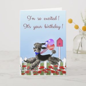 Happy Birthday, Excited Black Poodle in a Garden Card