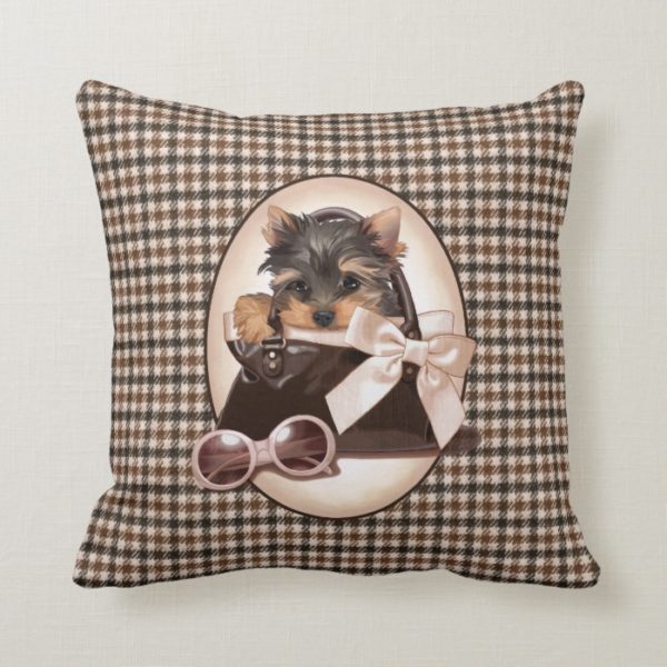 Houndstooth Yorkie Puppy Throw Pillow