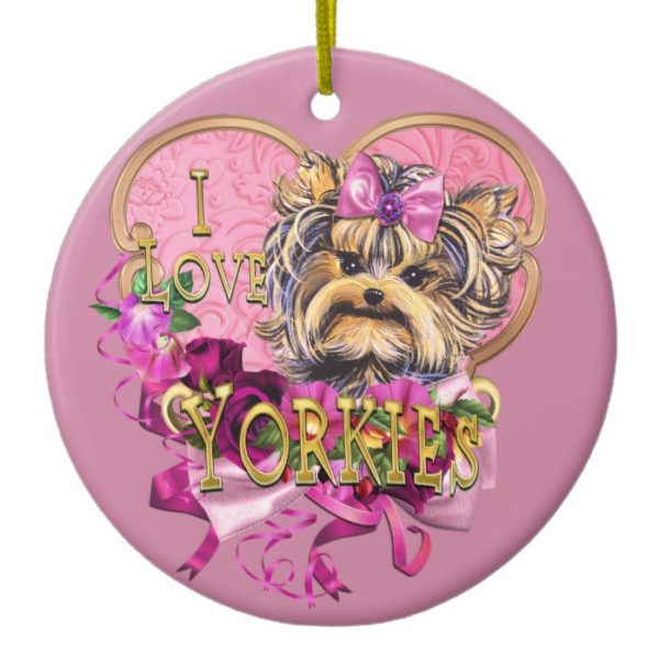 I Love Yorkies in Pink Heart Yorkshire Terrier Ceramic Ornament