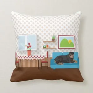 Pillow of Rottweiler sitting on living room couch