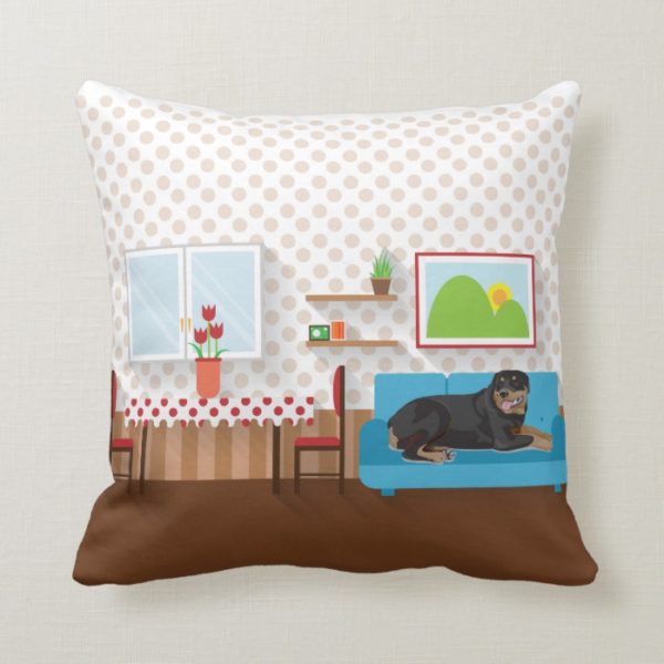 Pillow of Rottweiler sitting on living room couch