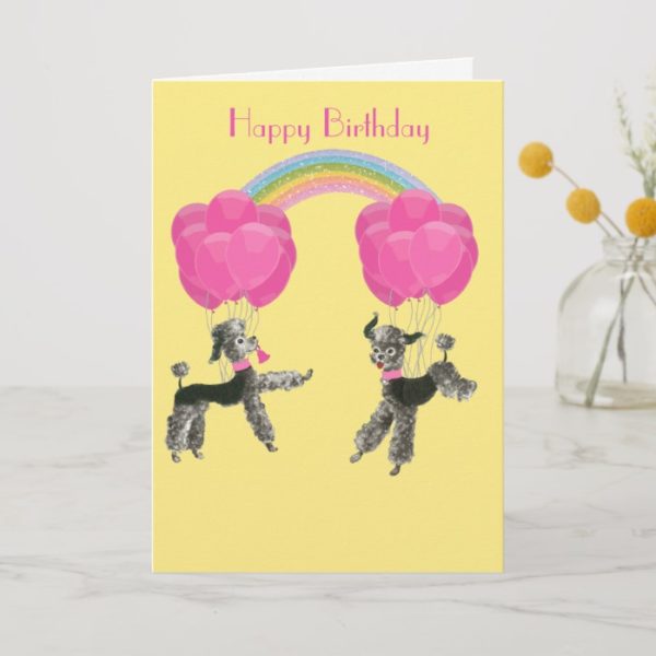 Poodles and Balloons Rainbow Birthday Card