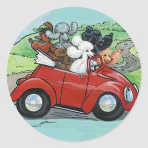 Poodles in Vintage Red Convertible Classic Round Sticker