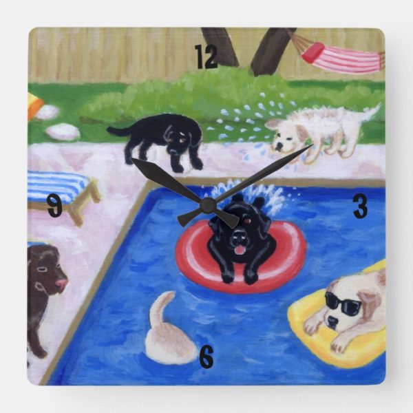 Pool Party Labradors Painting Square Wall Clock