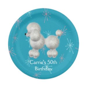 Retro White Poodle Custom Birthday Paper Plates