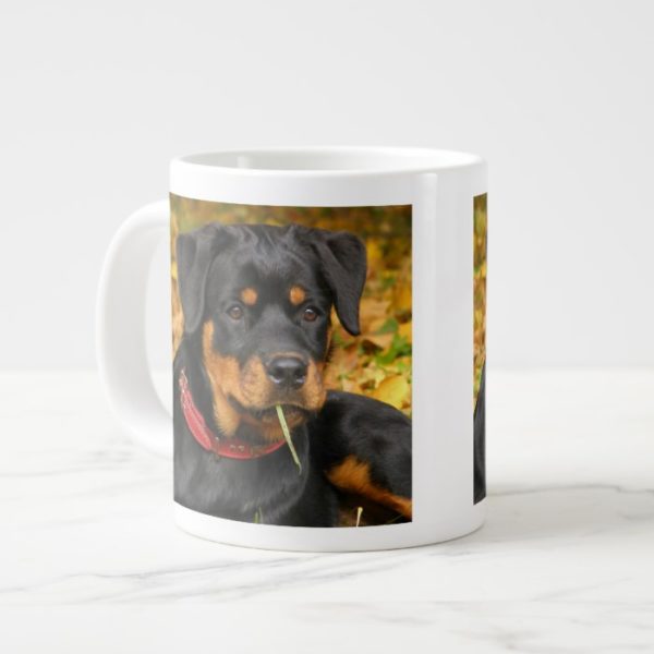 Rottweiler Pup Lying On The Ground In Forest Large Coffee Mug
