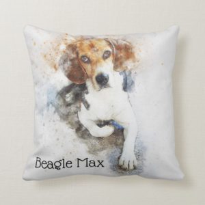 Trendy Watercolor Beagle Dog Personalized Throw Pillow