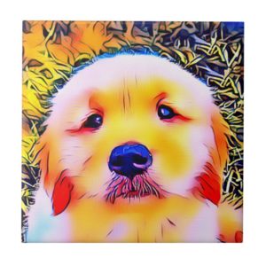 Vibrant Golden Retriever Puppy Psychedelic Art Tile