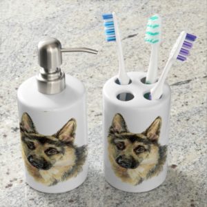 Watercolor German Shepherd Dog Pet Animal Soap Dispenser And Toothbrush Holder
