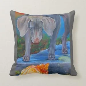 Weimaraner and Tabby Cat MoJo Pillow