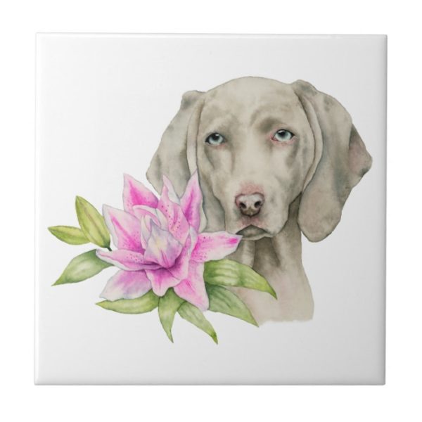 Weimaraner Dog and Lily Watercolor Painting Tile
