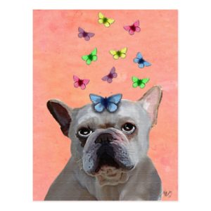 White French Bulldog and Butterflies Postcard
