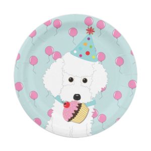 White Poodle Birthday Dog Pink Balloons Paper Plate