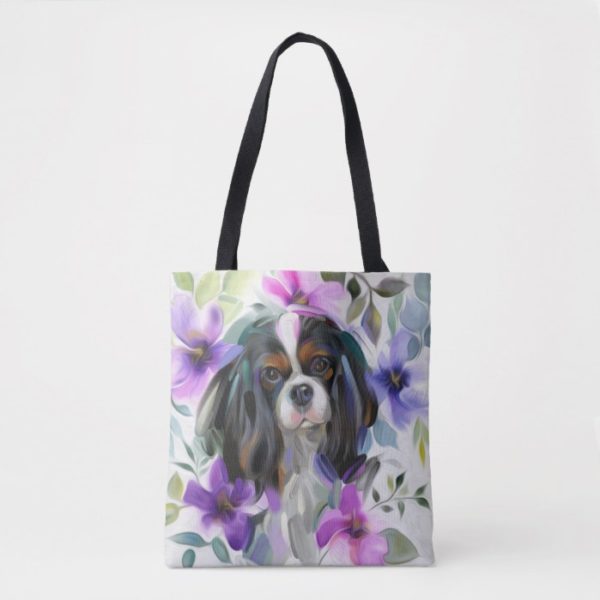'Anemone' Tricolor cavalier dog art tote bag