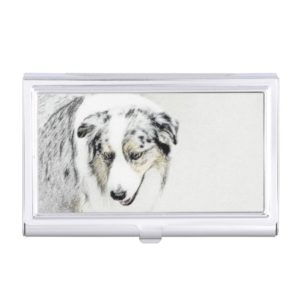 Australian Shepherd 2 Painting - Original Dog Art Business Card Holder