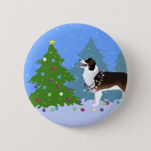 Australian Shepherd Dog Decorating Christmas Tree Button