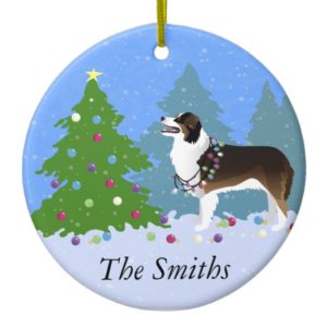 Australian Shepherd Dog Decorating Christmas Tree Ceramic Ornament
