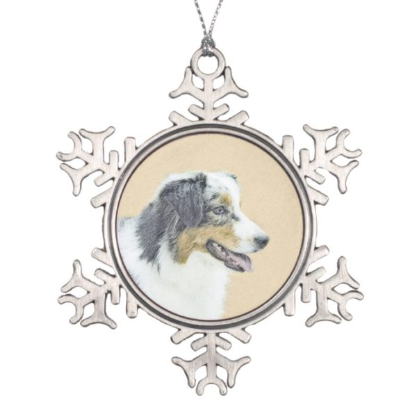 Australian Shepherd Painting - Original Dog Art Snowflake Pewter Christmas Ornament