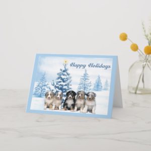 Australian Shepherd Puppy Christmas Card Blue Tree
