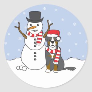 Bernese Mountain Dog and Snowman Classic Round Sticker