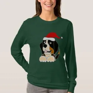 Bernese Mountain Dog in Santa Hat Christmas Art T-Shirt