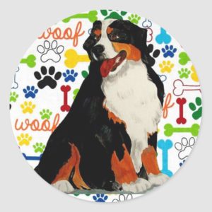 Bernese Mountain dog woof paw bone Classic Round Sticker