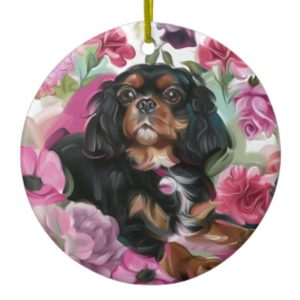 Black and tan Cavalier Christmas Ornament floral