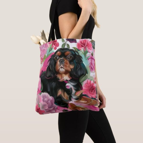 Black and tan Cavalier tote bag | pink floral