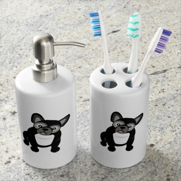 Black and White French Bulldog Soap Dispenser & Toothbrush Holder