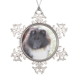 Black and White Sheltie Snowflake Pewter Christmas Ornament