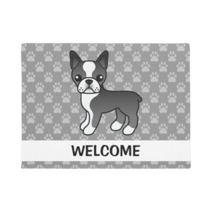Black Boston Terrier Dog With Welcome Text Doormat