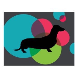 Black dachshund with bright dot pattern postcard
